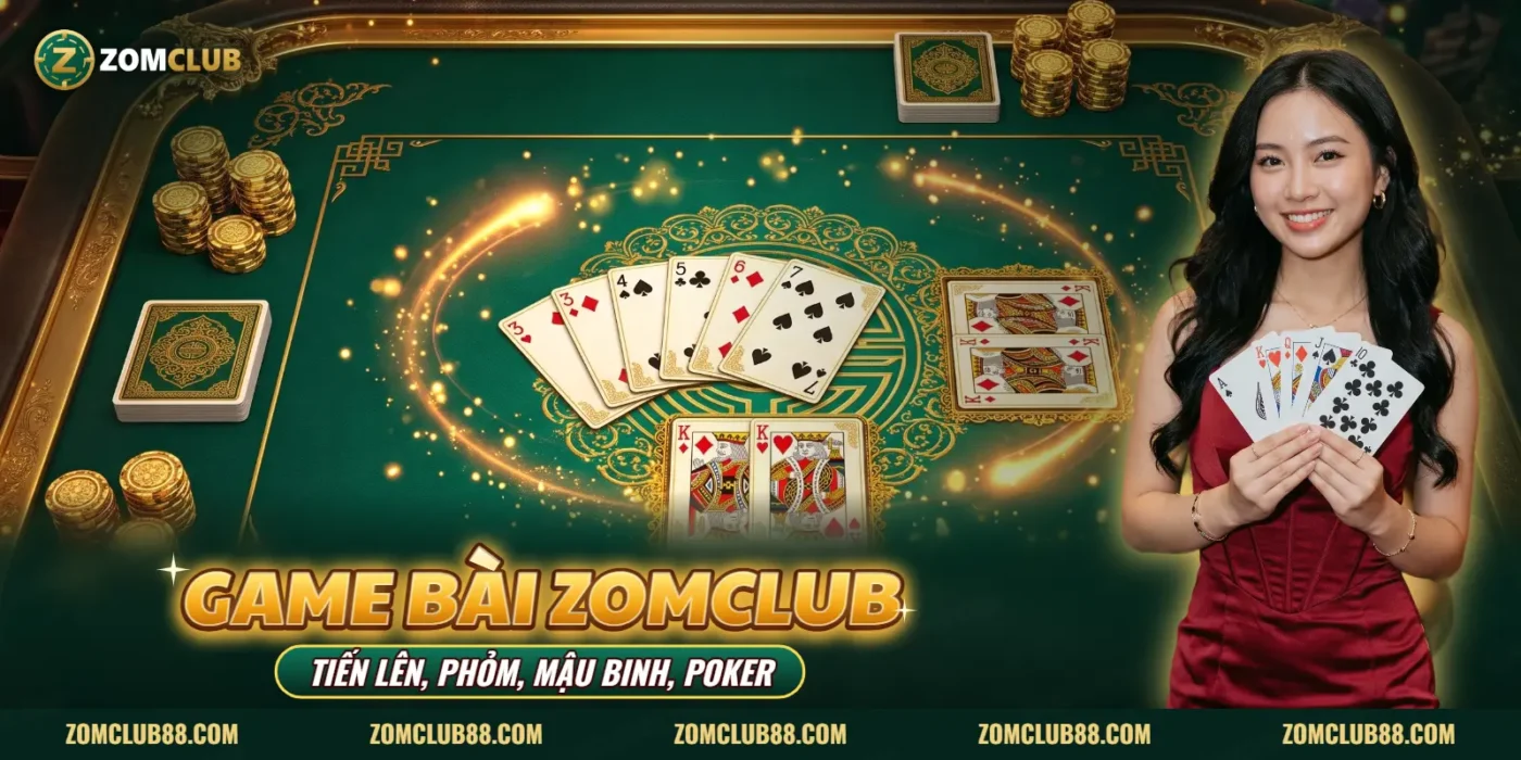 Ảnh minh họa Game Bài ZOMCLUB: bàn Tiến Lên và người mẫu cầm quạt bài Ảnh minh họa Game Bài ZOMCLUB: bàn Tiến Lên và người mẫu cầm quạt bài