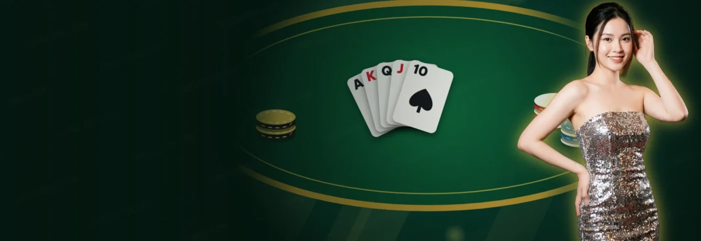 Bàn bài ZOMCLUB với quạt bài và người mẫu đứng cạnh bàn Bàn bài ZOMCLUB với quạt bài và người mẫu đứng cạnh bàn